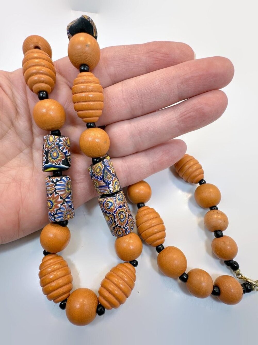 Vintage Necklace, Boho, African Trade Beads, Orange, Wood, Beaded, Long, Boho